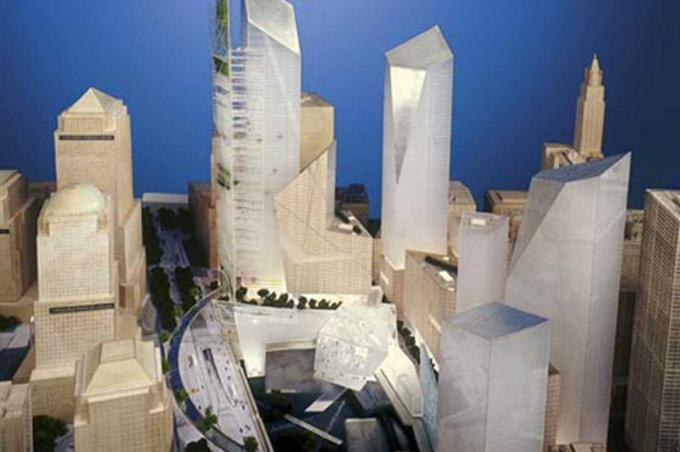 Modell des ursprünglichen World Trade Center Masterplans von Studio Libeskind Dezember 2002 Folienpräsentation