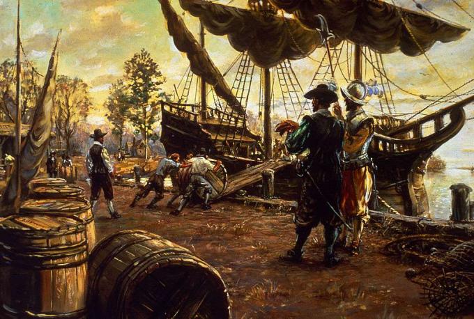 Siedler rollen Tabakfässer eine Rampe hinauf und auf ein Schiff, um sich auf den Export vorzubereiten, Jamestown, Virginia, 1615.