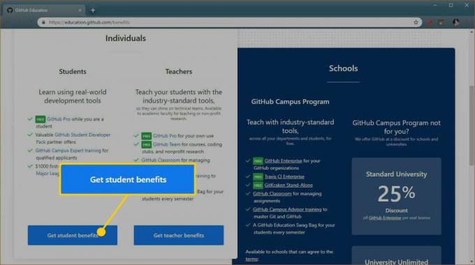 Ein Screenshot der Anmeldeseite der GitHub-Studentenvorteile.