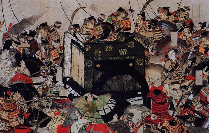 Detail des Samurai, der eine königliche Kutsche vor einem Schriftrollengemälde schützt.