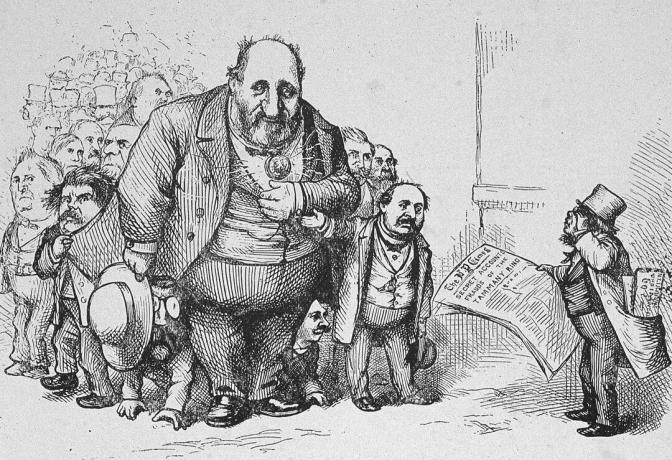 Thomas Nasts Cartoon zeigt den Leser der New York Times vor Boss Tweed.