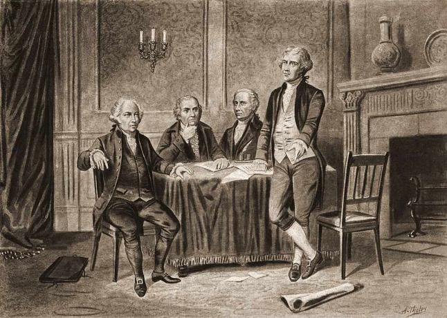 Illustration von vier Gründervätern der Vereinigten Staaten, von links, John Adams, Robert Morris, Alexander Hamilton und Thomas Jefferson, 1774.