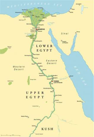Historische Karte des alten Ägypten mit den wichtigsten Sehenswürdigkeiten, mit Flüssen und Seen. Illustration mit englischer Beschriftung und Skalierung.