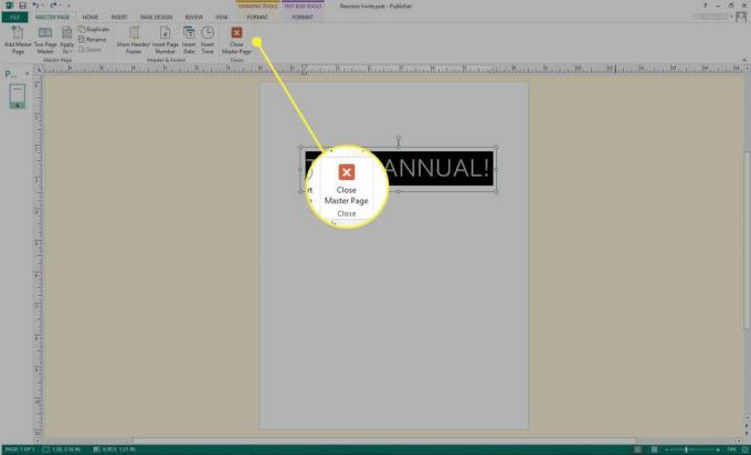 Ein Screenshot von Microsoft Publisher mit hervorgehobener Schaltfläche "Masterseite schließen"