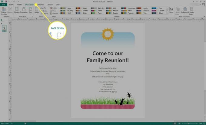 Ein Screenshot von Microsoft Publisher mit hervorgehobener Registerkarte Seitendesign