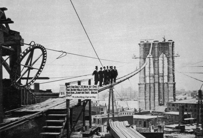 Fotografie von Männern auf Laufsteg während Brooklyn Bridge Bau.