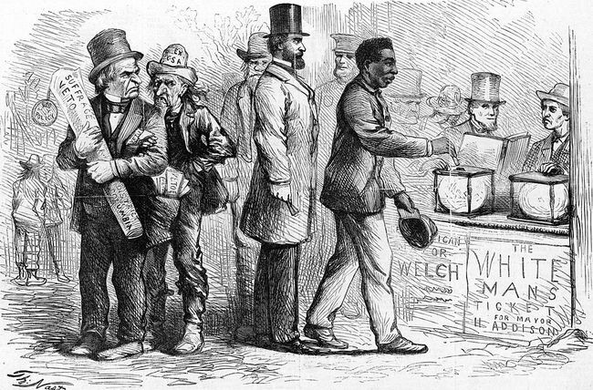 März 1867, Harper's Weekly, politische Karikatur des amerikanischen Karikaturisten Thomas Nast, die einen Afroamerikaner darstellt Mann, der während der Wahlen in Georgetown seinen Stimmzettel in eine Wahlurne wirft, während Andrew Jackson und andere zuschauen wütend.