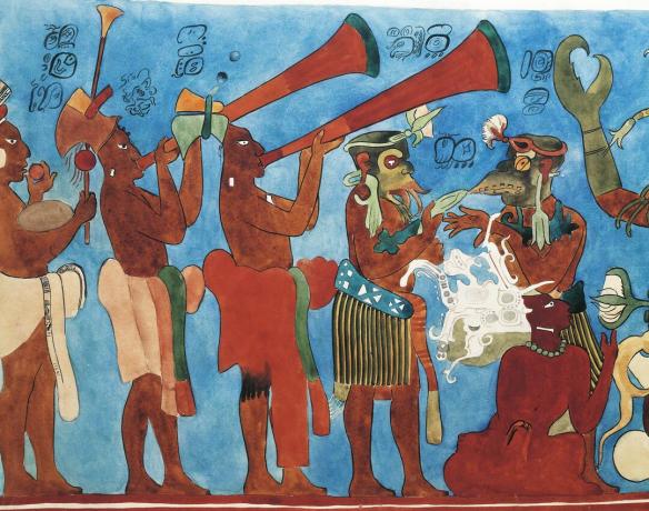 Bonampak Raum 1 Ostwand, Prozession der Musiker (Unterregister) (Rekonstruktion)