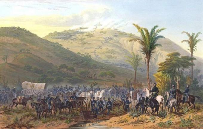 Amerikanische Truppen in Blau rücken in der Schlacht von Cerro Gordo 1847 einen Hügel hinauf.