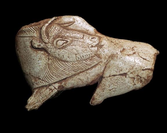 Atlatl Speerwerfer, als Bison geschnitzt, La Madeleine, Dordogne-Tal, Frankreich, ca. 15.000 v