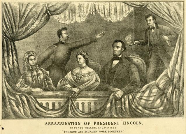 Die Ermordung von Präsident Lincoln im Ford's Theatre am 14. April 1865, wie in dieser Lithographie von H. H. Lloyd & Co. dargestellt.