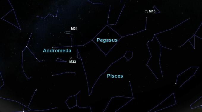 das Sternbild Pegasus mit seinen Nachbarn und einigen Deep-Sky-Objekten.