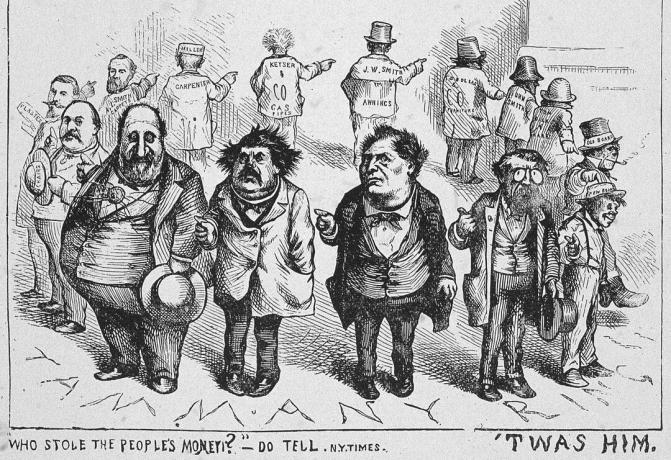 Thomas Nast Cartoon von Tweed Ring Mitgliedern, die alle auf jemand anderen zeigen.