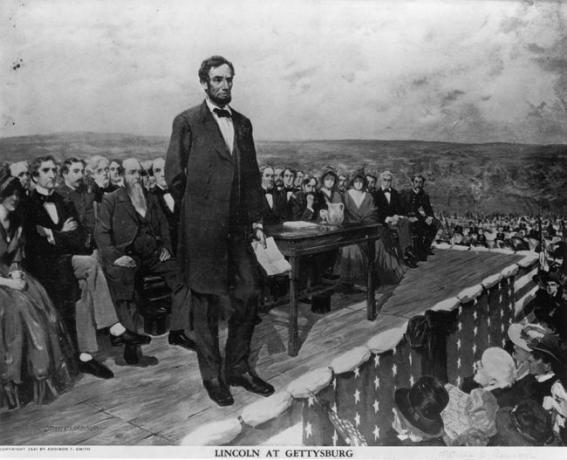 Abraham Lincoln, der 16. Präsident der Vereinigten Staaten von Amerika, hält seine berühmte Rede " Gettysburg Address" am 19. November 1863.