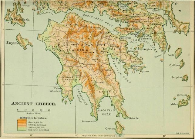 Karte des antiken Griechenland mit den wichtigsten Städten und Regionen.