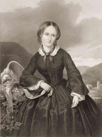 Gravur von Charlotte Bronte in einem schwarzen Kleid