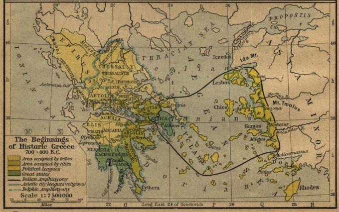 Karte mit Griechenland um 600 bis 700 v. mit der Ägäis und Kleinasien.