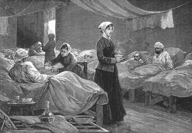 Miss Nightingale im Barrack-Krankenhaus in Scutari, um 1880 (Holzstich)