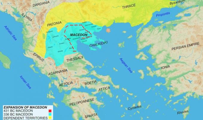 Karte des mazedonischen Reiches, die Geschichte und Wachstum zeigt.