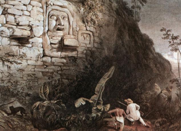 Maya-Skulptur von Itzamna, Lithographie von Frederick Catherwood im Jahre 1841: Es ist das einzige Bild dieser Stuckmaske (2 m hoch). Jagdszene: Weißer Jäger und sein Führer Jagdkatze