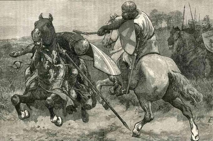 Robert the Bruce schlägt Henry de Bohun mit einer Axt in den Kopf.