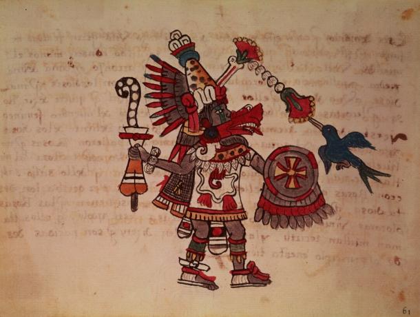 Quetzalcoatl, der toltekische und aztekische Gott; die gefiederte Schlange, Gott des Windes, des Lernens und des Priestertums, Meister des Lebens, Schöpfer und Zivilist, Patron jeder Kunst und Erfinder der Metallurgie (Manuskript)