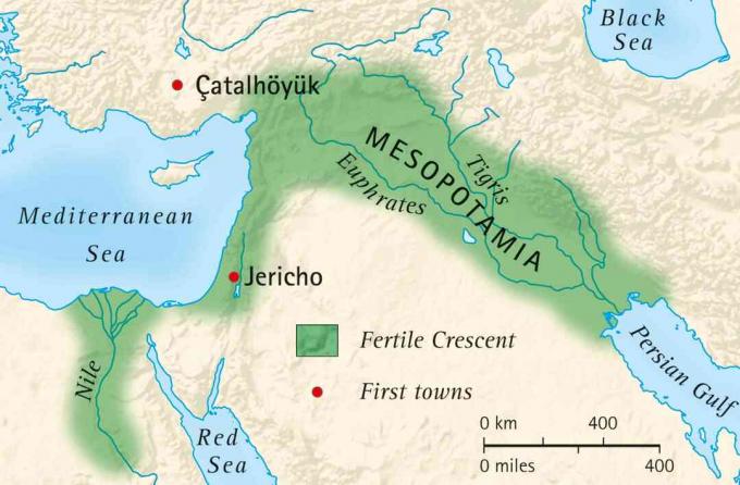 Karte des fruchtbaren Halbmonds von Mesopotamien und Ägypten und Lage der ersten Städte