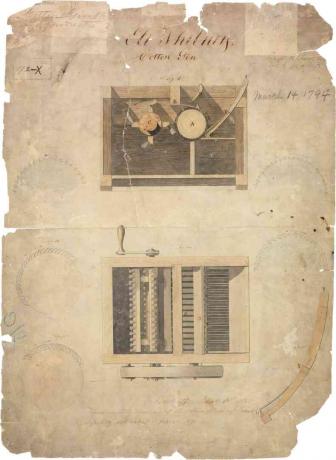 Eli Whitneys ursprüngliches Patent für den Baumwoll-Gin vom 14. März 1794.
