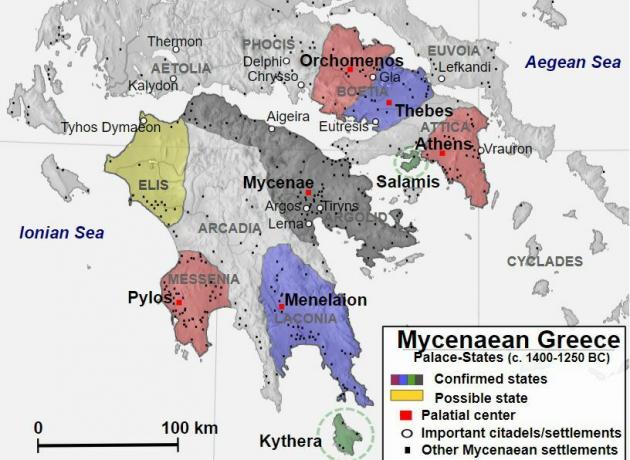 Karte mit dem mykenischen Griechenland von 1400 bis 1250 v.