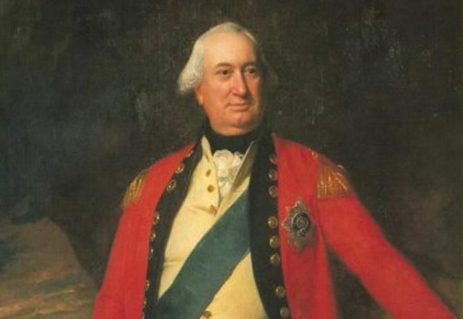 Generalleutnant Lord Charles Cornwallis steht in einer roten Uniform der britischen Armee.