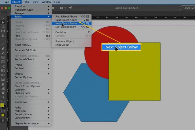 Menüelement „Nächstes Objekt unterhalb“ im Menü „Auswählen/Objekt“ für Indesign