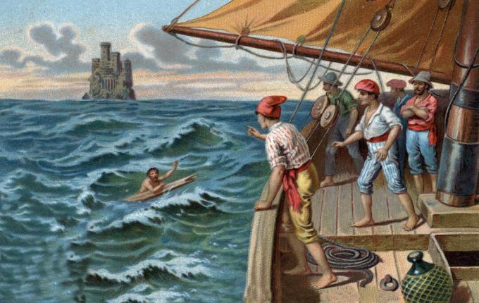 Illustration von Edmond Dantes, der von einer Schiffsbesatzung im Meer zurückgelassen wurde