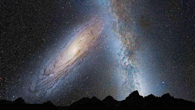 Andromeda und die Milchstraße kollidieren von der Oberfläche eines Planeten in unserer Galaxie aus gesehen.