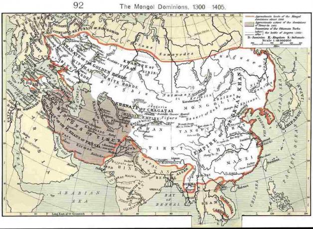Karte mit mongolischen Herrschaften zwischen 1300 und 1405.