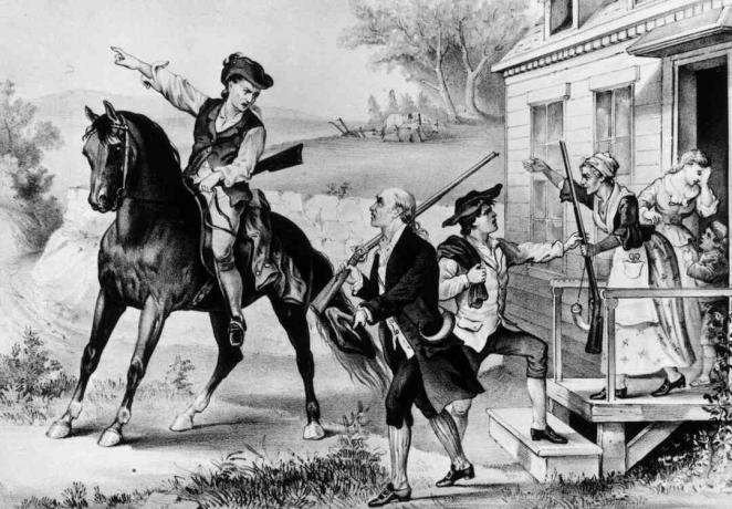 1774: Eine Versammlung von Minutemen - koloniale Milizen von Neuengland, die bereit waren, jederzeit gegen die Briten zu kämpfen.