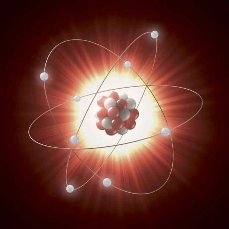 Darstellung eines Atomkerns als eine Reihe von roten und weißen Kreisen, die von Elektronen umkreist werden, die durch weiße Kreise dargestellt werden.