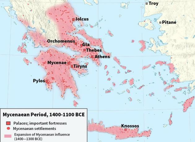 Karte mit der mykenischen Zivilisation von 1400 bis 1100 v.