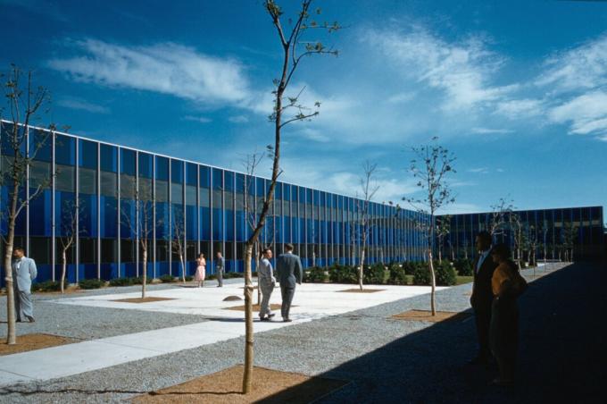 blau getönte Fenster des von Eero Saarinen entworfenen IBM Centers, Rochester, Minnesota, c. 1957