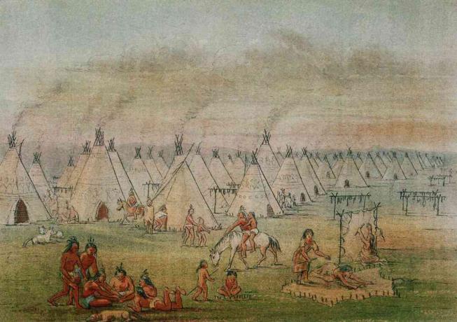 Gravur eines Comanche-Dorfes von George Catlin