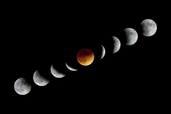 Der Mond erscheint am rotesten oder "blutigsten" bei und nahe der Gesamtheit einer Mondfinsternis.