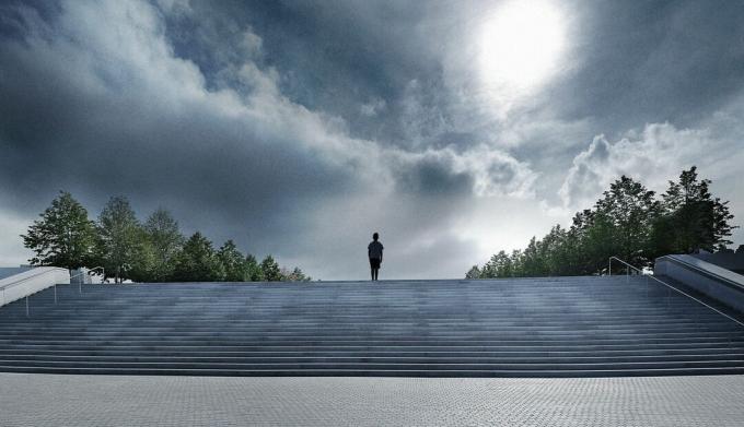 Junge oben auf der Treppe, FDR-Denkmal