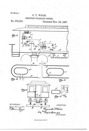 Granville T. Woods Erfindung für das Induktionstelegraphensystem wurde 1887 patentiert