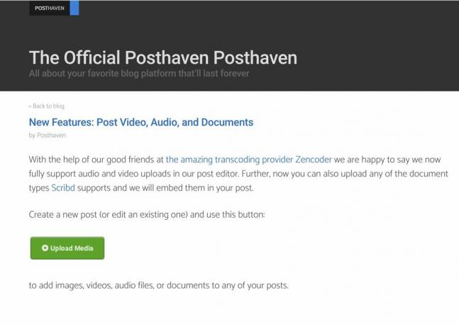 Posthaven-Ankündigung zur Unterstützung von Video, Audio und Dokumenten