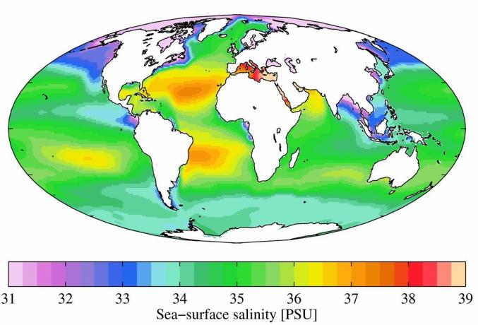 Jährlicher mittlerer Salzgehalt der Meeresoberfläche aus dem Weltozeanatlas 2009. Der Salzgehalt wird in praktischen Salzgehaltseinheiten (PSU) angegeben.