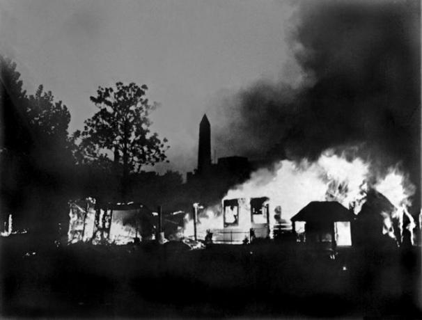 Ein Veteranenlager der Bonus-Armee in Washington, D.C., das 1932 niedergebrannt wurde