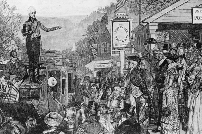 Andrew Jackson steht in einer Kutsche und winkt den Unterstützern zu, auf dem Weg nach Washington, um 1829 der 7. Präsident der Vereinigten Staaten zu werden.