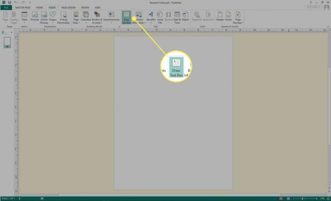 Ein Screenshot von Microsoft Publisher mit hervorgehobenem Befehl „Textfeld zeichnen“