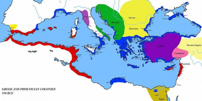 Karte mit griechischen und phönizischen Siedlungen um 550 v.
