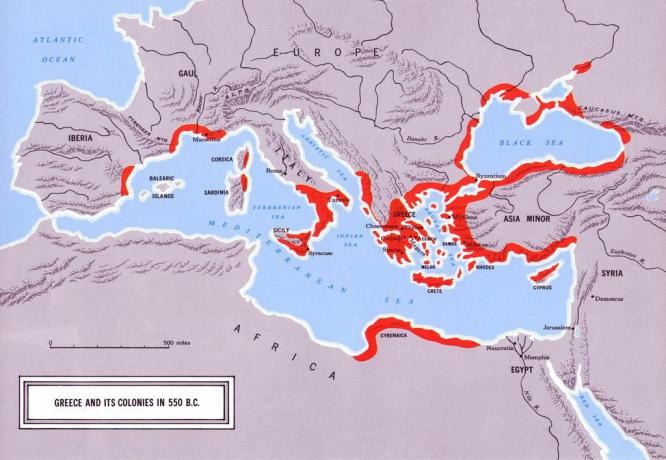 Karte mit Griechenland und seinen Kolonien um 550 v.