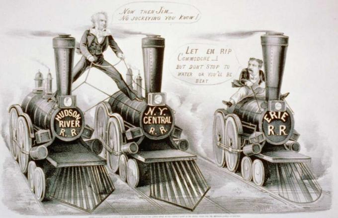 Illustration von Cornelius Vanderbilt und Jim Fisk, die um die Kontrolle der Eisenbahnen konkurrieren.